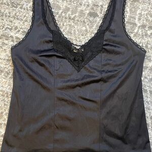 Whispers vintage Black Lace Trim Satin Top